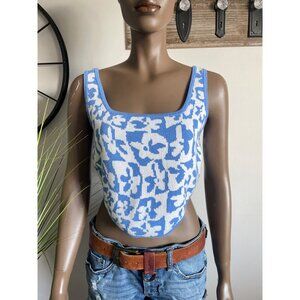 AMERICAN EAGLE Floral Blue & White Knit Cropped Tank Top Size L